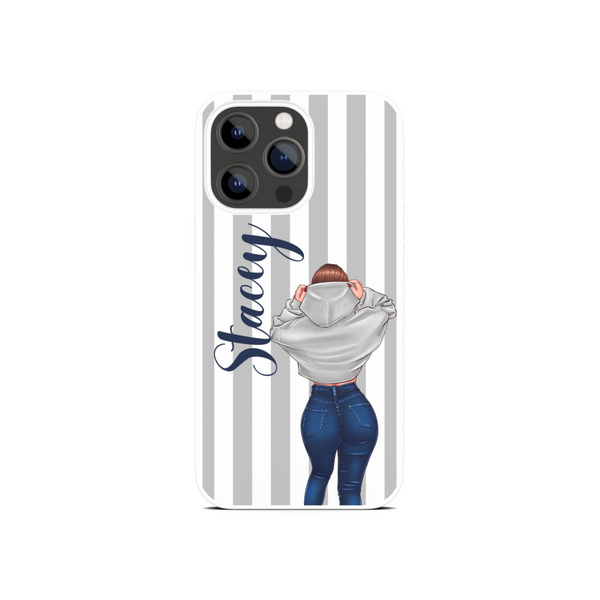 Grey Pinstripe Girl Personalised Phone Case