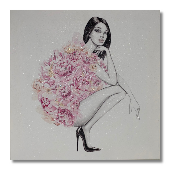 Floral Girl Wall Art Canvas | Glitter Fashion Canvas | Crystalise Boutique
