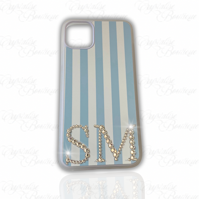 Blue Pinstripe Crystal Initial Personalised Phone Case