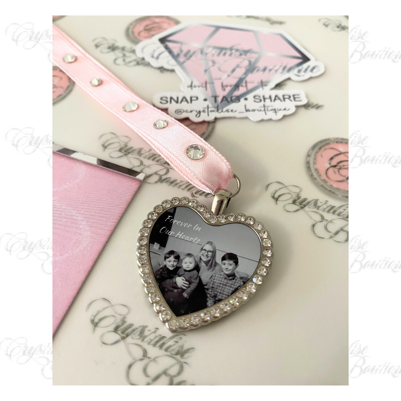 Photo Memory Crystal Hanging Heart Pendant (choose ribbon colour)