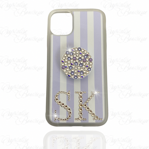 Purple Pinstripe Crystal Initial Phone Case
