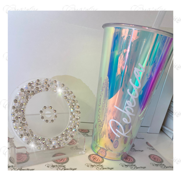 PERSONALISED NAME TUMBLER HOLOGRAPHIC CUP WITH CUSTOM BLING EMBELLISHED LID