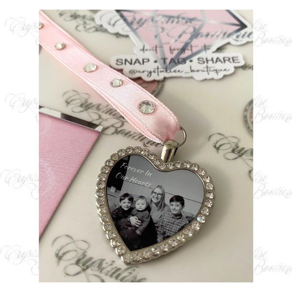 Photo Memory Crystal Hanging Heart Pendant (choose ribbon colour)