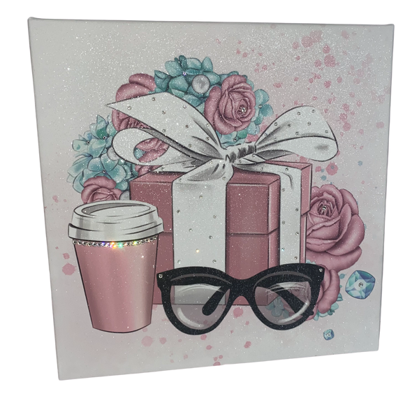 Pink floral gift box glitter canvas