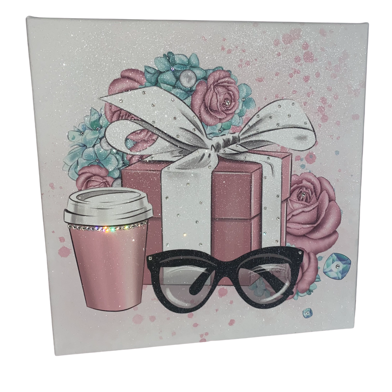 Pink floral gift box glitter canvas