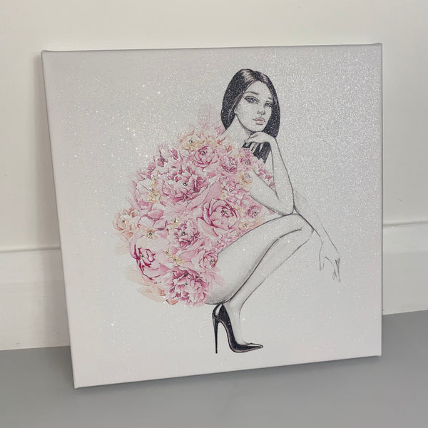 Floral crouching girl fashion glitter canvas
